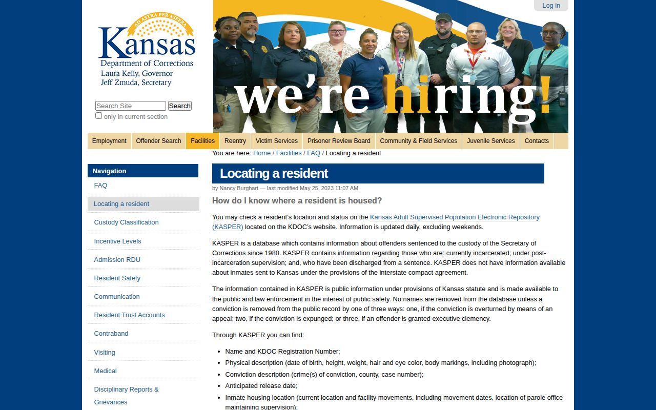 Kansas Department of Corrections locating FAQ describing KASPER records and photographs
