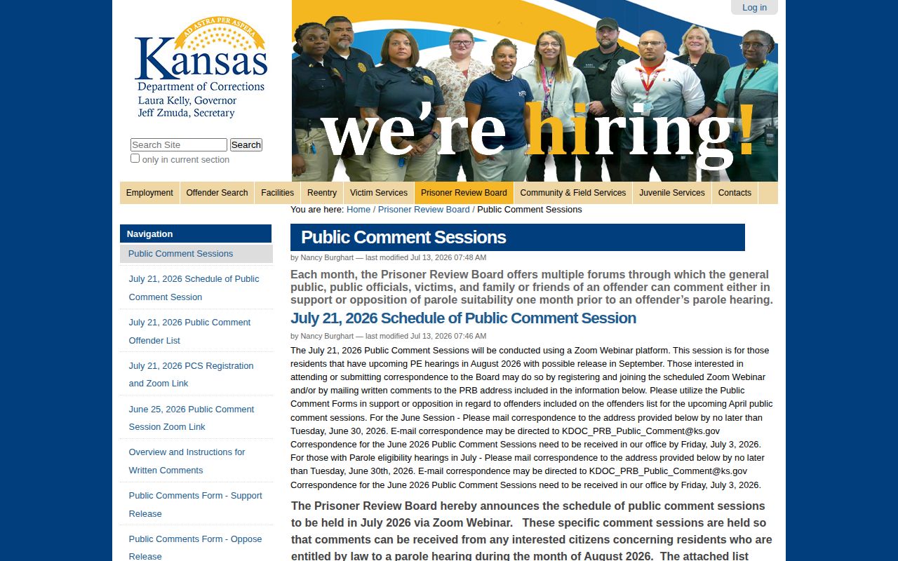 Kansas Prisoner Review Board monthly public comment schedule