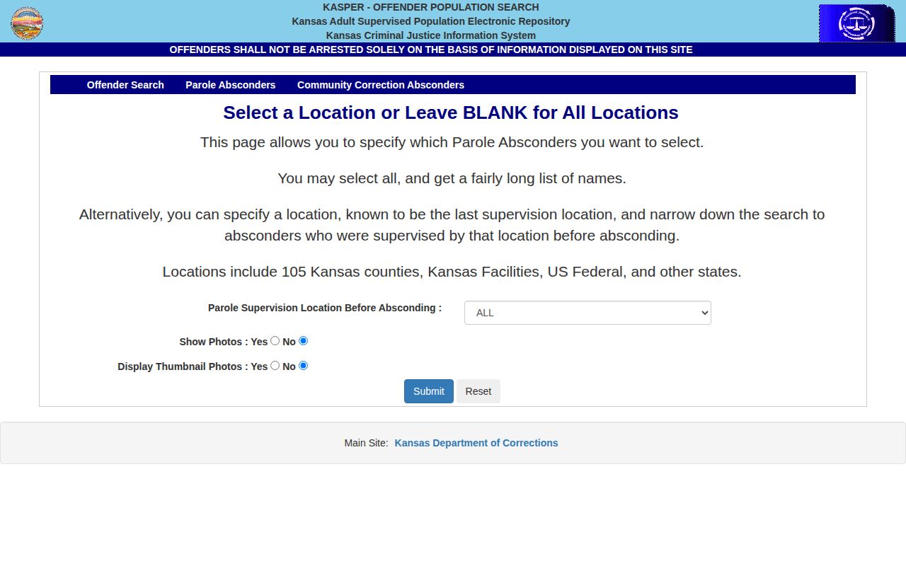 KASPER parole absconder lookup for Kansas supervision records