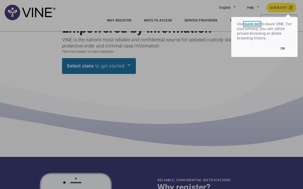 Hamilton County VINELink inmate check state selection screen